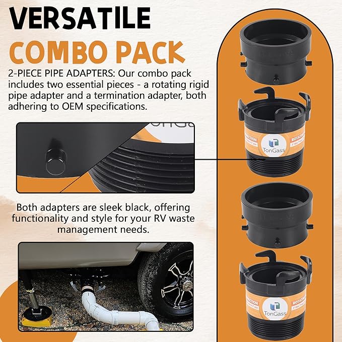 TonGass (2 x Combo Pack, Black) RV Sewer Pipe Adapter, 3" Rotating Rigid Bayonet Adapter with Male Thread & Hooks, Termination Fitting with 3" Bayonet & Hub, RV Sewer Hose Connector for Waste Disposal