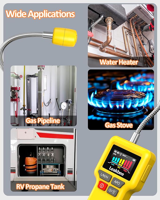 Y201-Pro Natural Gas Detector, Gas Leak Detector with 12-Inch Gooseneck, Locating The Source of Propane, Natural Gas, and Combustible Gas Leak for Home and RV (Battery x3 1.5V AA) - Yellow