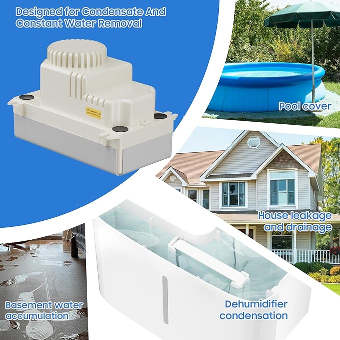 Automatic Condensate Removal Pump, HVAC Condensate Removal for Air Conditioner, Furnace, Dehumidifier,Ice Machine - 115 Volts/60Hz Ultra-Quiet with 16 Ft Hose,4 Water inlets & 2 Type outlets