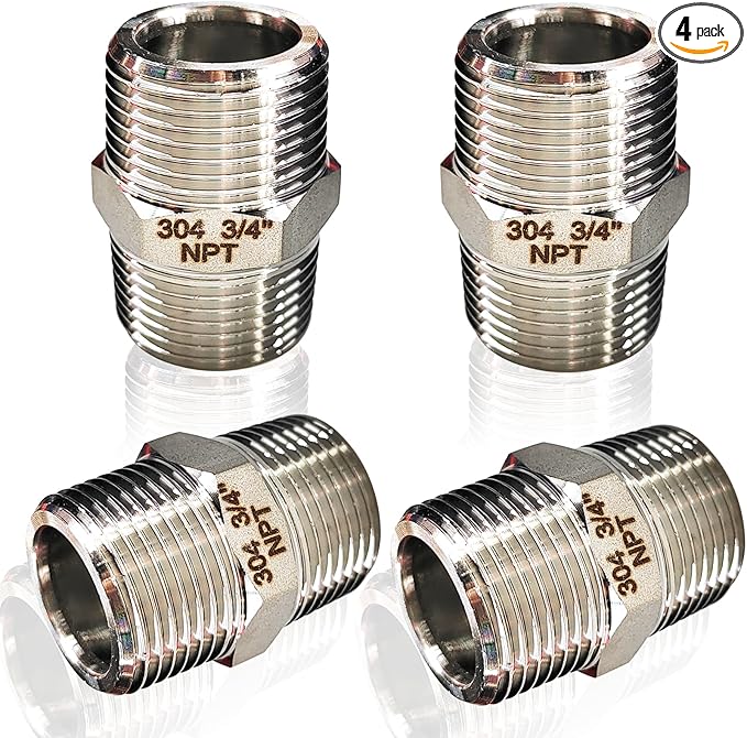 4PCS Hex Stainless Steel Nipple 3/4"NPT Male X 3/4" NPT Male Pipe Fitting 3/4 inch Stainless Steel Pipe Nipples Male Pipe Adapter Fittings Heavy Equal Nipples Connectors