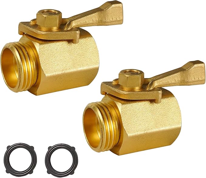 Brass Garden Hose Shut Off Valve, 2 Pack Heavy Duty 3/4 Inch Solid Brass Garden Hose Connector, Water Shut Off Valve with 2 Extra Rubber Washers