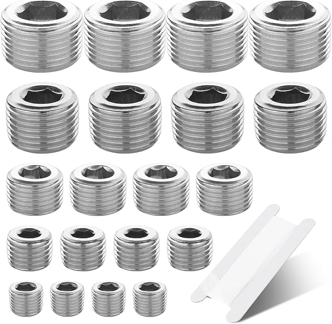 20 Pcs 304 Stainless Steel Pipe Plug Fitting Assortment Kit,1/8" 1/4" 3/8" 1/2" 3/4" NPT Male Internal Hex Thread Socket Pipe Plug,5 Sizes
