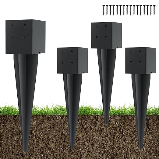 4 Pcs 4"x4" Fence Post Anchor Ground Spike 16"(Actual 3.6"x3.6") Heavy Duty Metal Fence Post Anchor with Black Powder-Coated for Deck,Fence,Porch,Railing,Mailbox