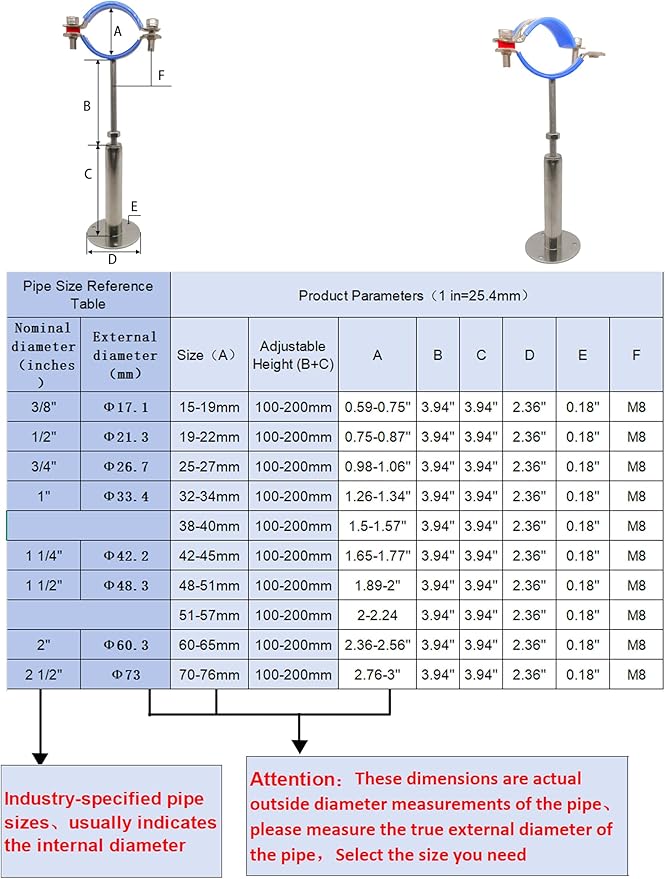 Wall Mount Ceiling Mount Pipe Supports,Adjustable Pipe Clamps Stainless Steel 304,2PCS Suitable for Pipe OD 51-57mm Adjustable Height 100-200mm
