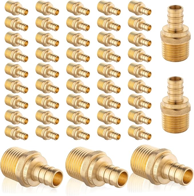 (Pack of 50) EFIELD PEX 1/2 Inch x 1/2 Inch NPT Male Adaptors Brass Crimp Fittings, ASTM F1807,(PEX1807303)