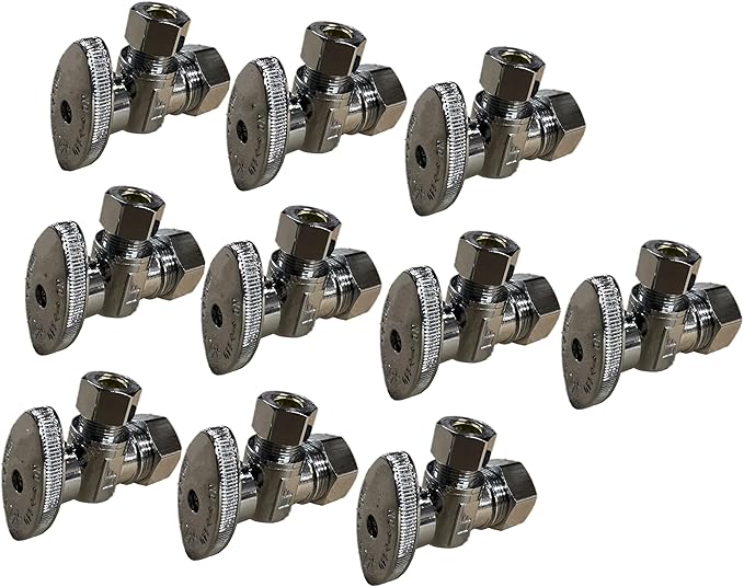 (10 Pack) EZ-Fluid 1/2" Nom. (5/8" OD) × 3/8" OD Compression Angle Stop Valve Chrome Brass, 1/4 Turn Water Shut-Off Valve for for Sink, Bathroom, Kitchen, Laundry Plumbing