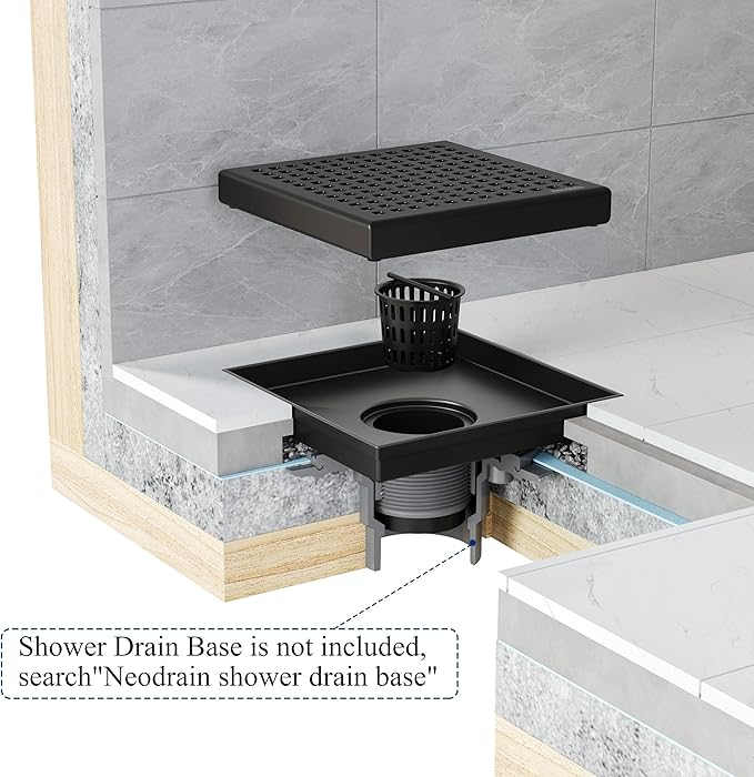 Neodrain 4 Inch Square Shower Drain with Removable Quadrato Pattern Grate, Matte Black 304 Stainless Steel Square Drain, with Watermark&CUPC Certified, Hair Strainer