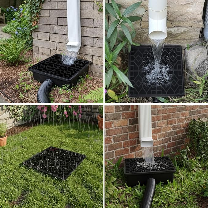 Rain Gutter Downspout Extensions with 10×10in Catch Basin, Low-Profile Downspout Extender, Flexible Drainage Pipe Extends to 6.5ft, French Drain Kit & Rainwater Diverter for Foundation Protection