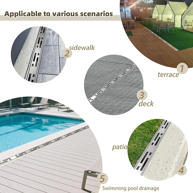 Pool Deck Drain Channel, 1-7/16" W x 3.3' L, 304 Stainless Steel Channel Drain Outdoor, Deck Drainage System with Coupling, Trench Drain System for Pool Decks, Patios,Walkways, Courtyards, Paver.