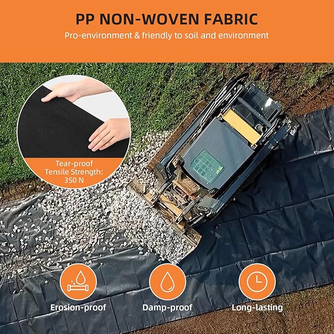 Towallmark Geotextile Landscape, 6ft x 50ft & 6oz Geotextile Fabric, PP Drainage 350N Tensile Strength & 440N Load Capacity, for Driveway & Road Stabilizationr, Erosion Control, French Drains