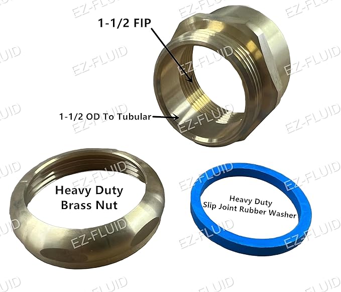 EZ-Fluid 1-1/2" FIP x 1-1/2 "OD Slip Joint Connection Brass Heavy Duty Waste Male Trap Adapter,Under Sink Waste Drain Line Connector with Brass Nut and Heavy Duty Blue Washer(1)