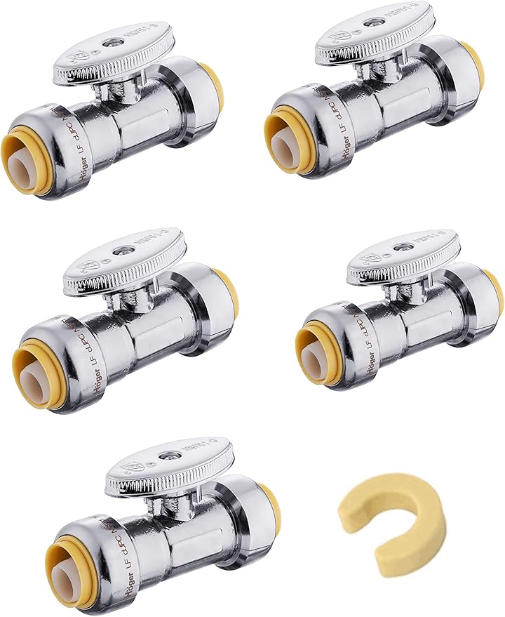 (Pack of 5) EFIELD Push Fit 1/4 Turn Straight Stop Valve Water Shut Off 1/2 Inch Push x 1/2 Inch Push, Chrome with a Disconnect Clip,(PF-VALVE035-5PCS)
