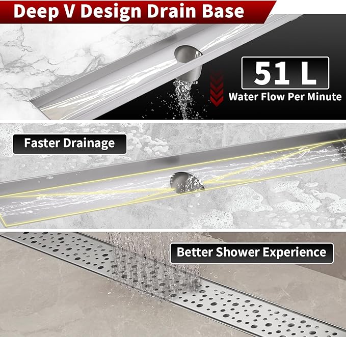Sharp-tec 36 inch Linear Shower Drain, Brushed Rectangular Floor Drain, V-Shape Design Drain Channel, 304 Stainless Steel, cUPC Certificated for Bathroom Shower Room (Drain Base is Not Included)