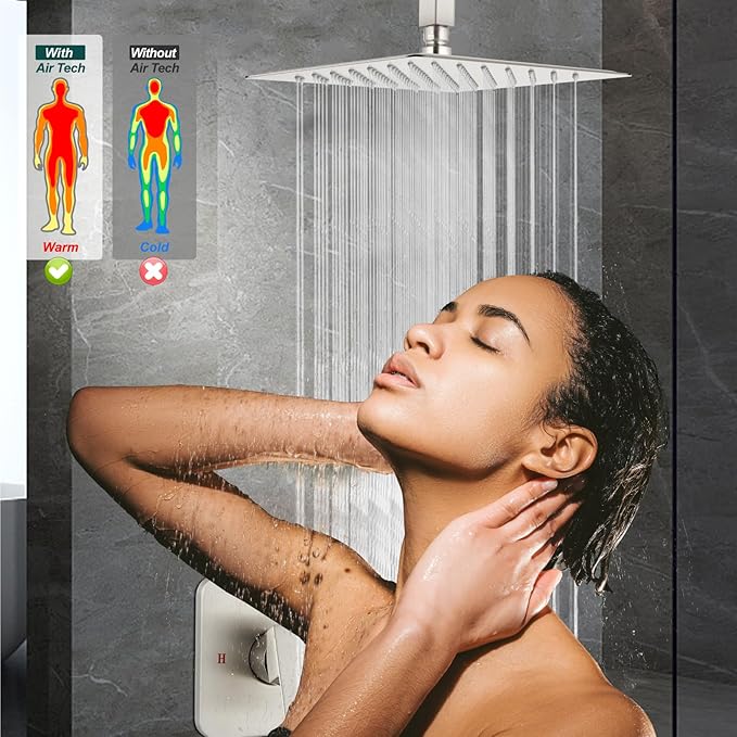 Heyalan Shower Faucet Set Square Stainless Steel Bathroom Rainfall Shower System One Handle Single Function Shower Trim Kit with Rough-in Valve Male Thread,Ceiling Mount,10 Inch,Brushed Nickel