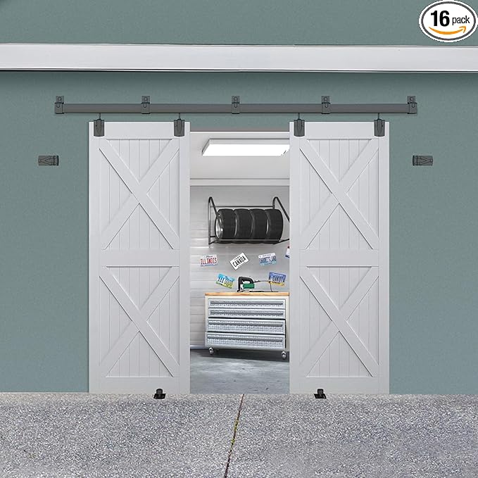 Exterior Barn Door Hardware Kit, BARNSMITH 8FT Sliding Barn Door Hardware Heavy Duty Doors Track Kit for Double Doors Use, Wall Mount, Black (Hardware Only)
