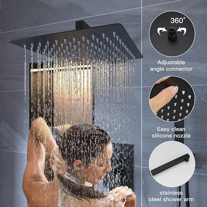 BWE 12 Inch Black Shower System Faucet Waterfall Tub Complete with Matte Spout Set Square Luxury Rain Mixer Pressure Balancing 3-Function Wall Mount Rainfall Rough-in Valve Body and Trim Included