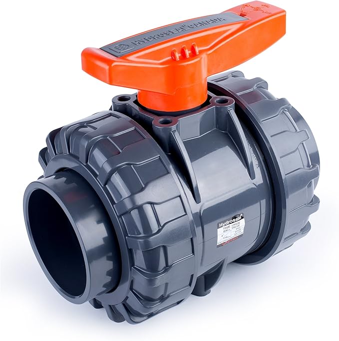 HYDROSEAL Kaplan 4" PVC True Union Ball Valve with Full Port, ASTM F1970, EPDM O-Rings and Reversible PTFE Seats, Rated at 200 PSI @73F, Gray, 4 inch Socket (4")