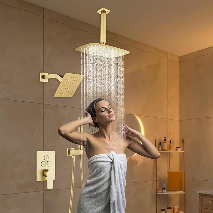 Brushed Gold Rainfall Shower System with Push-Button Diverter, Square UFO Rain Shower Trim Kit for Ceiling and Wall Mount, 2-Function Handheld Shower, Rough-in Valve, and Shower Faucet Set