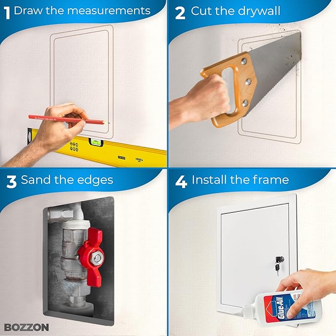 BOZZON Access Panel for Drywall 10 x 10 inch – Metal Door with Key Lock, 18 GA Steel Frame, Wall Hole Cover, Plumbing Access Door, White