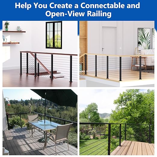 2 Pack 36" T304 T-drilled Cable Railing Corner Post(Post 35"x2"x2"), Three Sides Wire Railing Post with Cable Grommets, Fixed Top Mount Stainless Steel Black Finish Deck Staircase Post