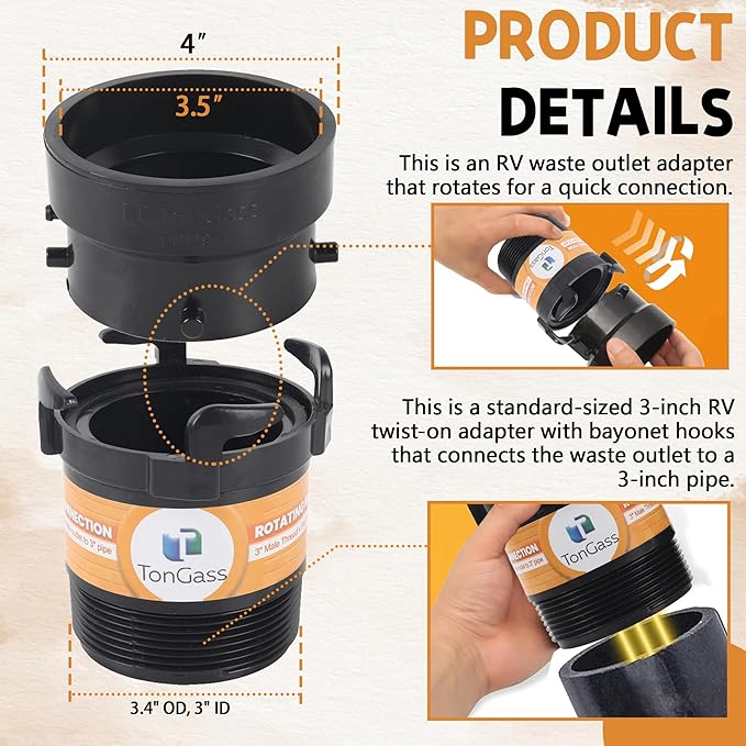 TonGass (2 x Combo Pack, Black) RV Sewer Pipe Adapter, 3" Rotating Rigid Bayonet Adapter with Male Thread & Hooks, Termination Fitting with 3" Bayonet & Hub, RV Sewer Hose Connector for Waste Disposal
