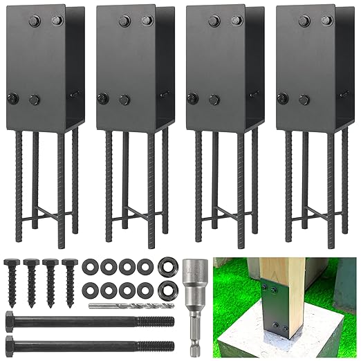 4"x4" Stainless Steels U-Shape Post Holder, Wet Concrete Post Anchor, Heavy-Duty Post Base Bracket for Fence, Deck Railing, Wood Gazebo, Pergola (4pack-Dark Gray)