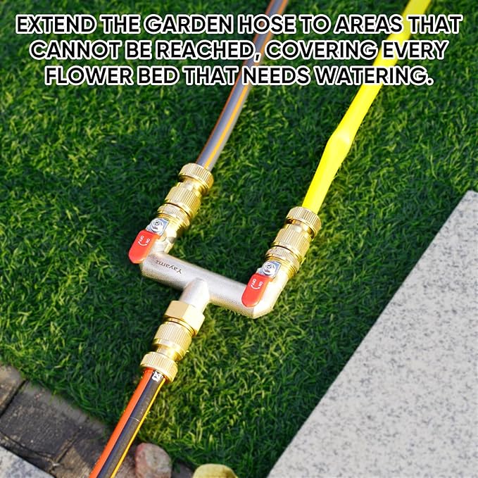 2 Way Garden Hose Splitter, Heavy Duty Brass Nickel Plated Rust Resistant Faucet Manifold, 3/4" Frost Resistant Outdoor Hose Adapter Connector，Hose Spigot Adapter with 2 large red handles