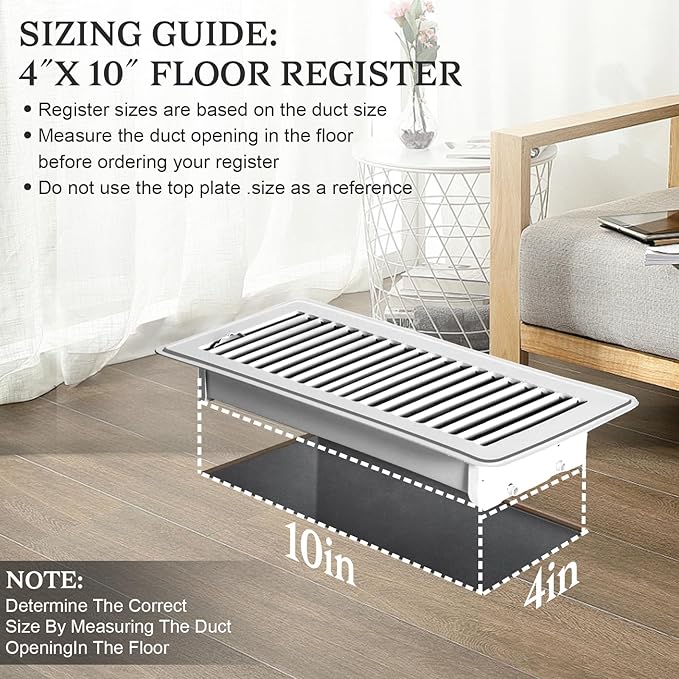 4 PCS Floor Vents Floor Registers 4x10 inch, Heavy Duty Metal Heat Air Vent Covers 4 X 10 with Rust Proof Finish for Home Office Wall Floor Registers Grilles & Vents (4, White, 4x10 Inches)