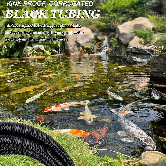 Pond Tubing 1” × 10ft- Black Corrugated Flexible PVC Hose, Kinkproof & Strong for Garden Ponds, Waterfall Sump Pump Pond Hose