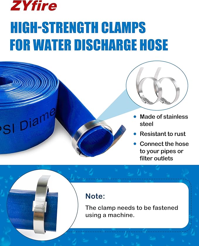 ZYfire Pool Backwash Hose with 2 Clamps - 2" x 100 FT PVC Lay Flat Discharge Hose Heavy Duty Reinforced Pool Hose Weather and Burst Resistant for Pool Drain, Sump Pump, Pool Filter
