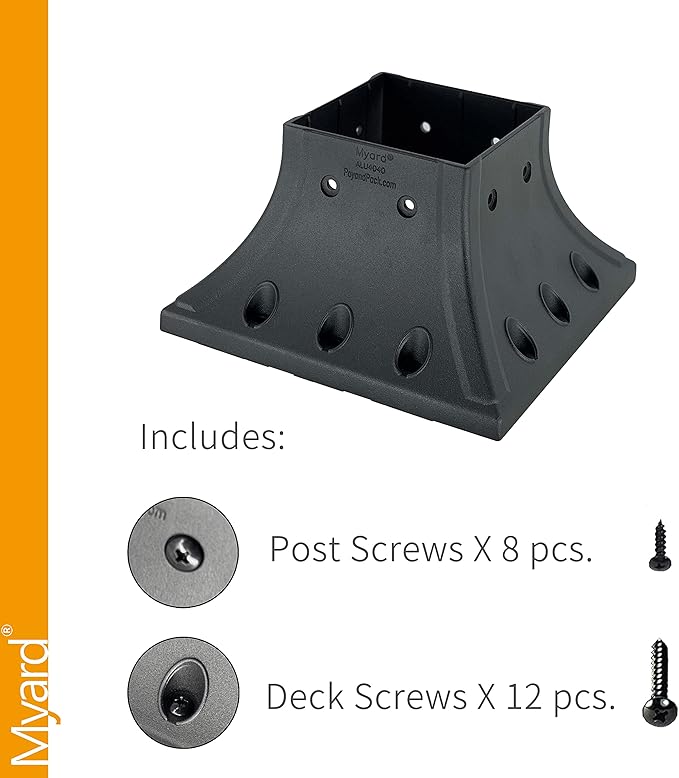 Myard PNP114040 4x4 Post Base Cover (Actual 3.5x3.5 Inches) Post Skirt Flange with Stainless Steel Screws, Post Bracket for Deck Porch Handrail Railing Support Trim Post Anchor (Qty 1, Black)