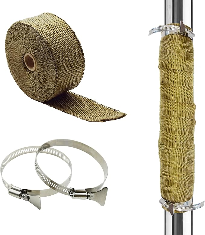 DOBTIM Fireproof Pipe Wrap Insulation 2" Wide X 32' Long, Fiberglass Heat Shield Tape Pipe Webbing for Stove Flue Protector with 2 Clamps,Titanium