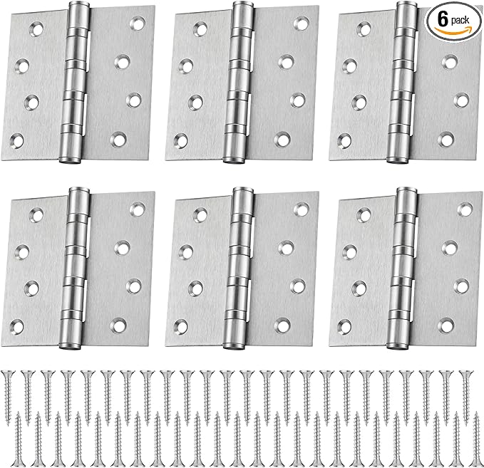6 Pcs 4'' Ball Bearing Door Hinges Stainless Steel Heavy Duty Hinges 4 x 4 Inch Exterior Door Hinges with Square Corners (Silver)