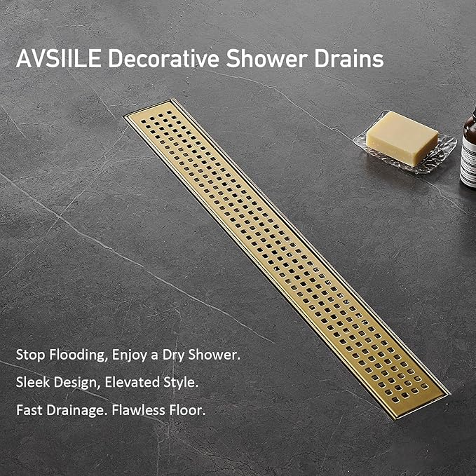 Linear Shower Floor Drain, Brushed Gold 12 Inch 304 Stainless Steel Bathroom Drains Kit, Long Rectangular Shower Trench Drain with Square Pattern Drain Cover & Hair Catcher
