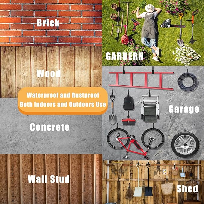 Heavy Duty Utility Hooks for Wall Mount, Garage Wall Hooks, Multi-Use Hose, Bike, Ladder, Chainsaw & Leaf Blower Hanger - 6 Medium (6 M)