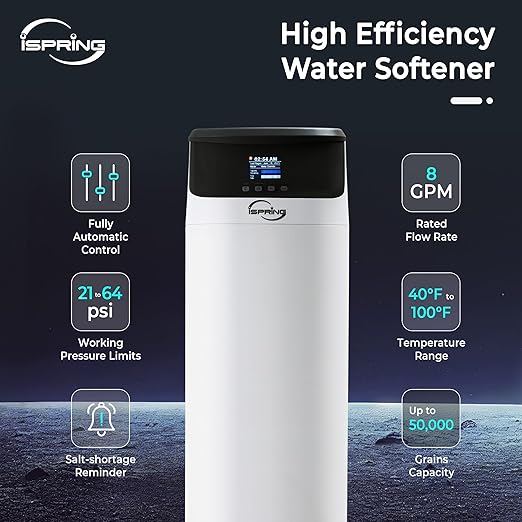 iSpring Whole House Water Softener System, 50,000 Grain High Capacity Removes Hardness with Automatic Backwash and Low Salt Alarm, Hardness & Scale Reduction in House and Commercial Water Use, WCS50KG