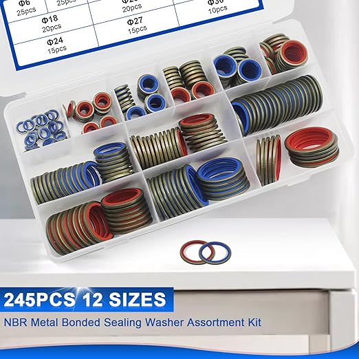 245pcs Bonded Seal Washer, NBR Metric Metal Automotive Sealing Washers Assortment Kit Self-Centred Sealing Rubber Gasket Combination Fit 12 Size M6 M8 M10 M12 M14 M16 M18 M20 M22 M24 M27 M30