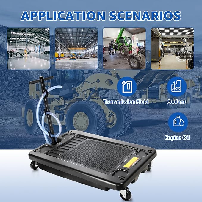 HKTE Oil Drain Pan, 17Gallon(64L), Low-Profile, T-Handle and Heavy-Duty Casters, Quick Drainage, Splash Guard Cover Design