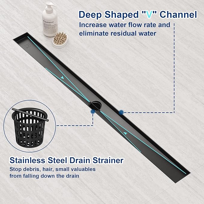 Neodrain Shiny Black 36 Linear Shower Drain, Linear Drain with 2-in-1 Flat & Tile Insert Cover, Rectangle Shower Floor Drain, Adjustable Leveling Feet, Hair Strainer, CUPC Certified(Glitter Black)