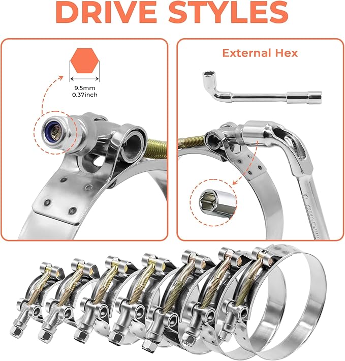 14 Pcs 7 Sizes T-Bolt Hose Clamps, 304 Stainless Steel Turbo Intake Intercooler Clamp,Working Range 32-91mm for 1-3" Hose ID, Radiator Hose Clamps Assortment Set