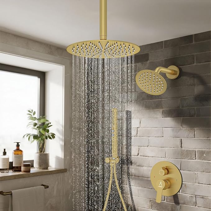 Shower System Shower Faucet Set Rainfall Shower Set with Valve 12+6" Dual Rain Shower Head with Handheld Ceiling Mount Wall Mount Shower Head Shower System, Brushed Gold