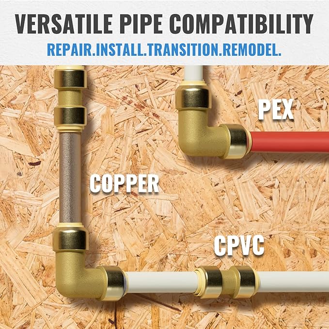 SUNGATOR Push Fittings 1/2 Inch, Straight Coupling (5 PCS), 90 Degree Elbow (5 PCS), No Lead Brass Plumbing Fittings for Pex Pipe, Copper, CPVC, with 1 Disconnect Clip, Pack of 10