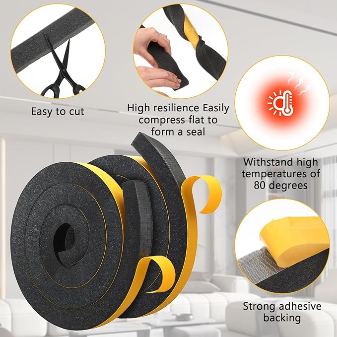 SHENLIU 2 Rolls Foam Weather Stripping with Adhesive, 1.5 Inch x 1.5 Inch High Density Seal Strip Adhesive Closed Cell Weather Strip Total 16 Feet Long for Uneven Gaps Doors Windows