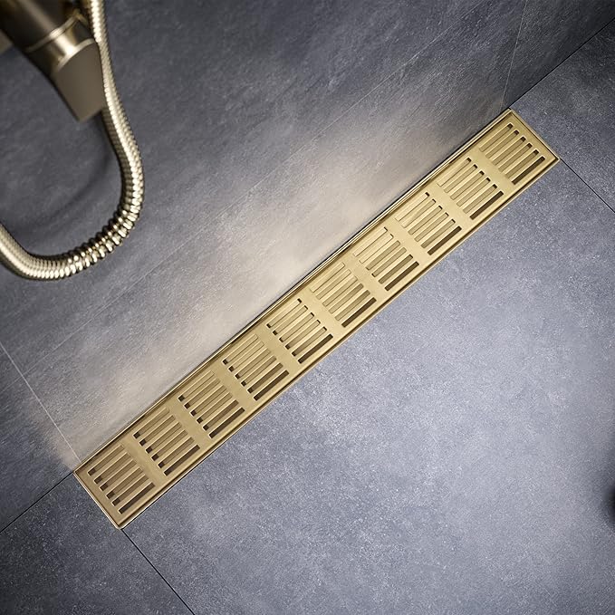 Linear Shower Drain 32 Inch,Rectangular Shower Drain SUS-304 Stainless Steel, 51L/Min Fast Drainage Floor Linear Drain, US Standard CUPC Certified, Zirconium Gold, SD-109
