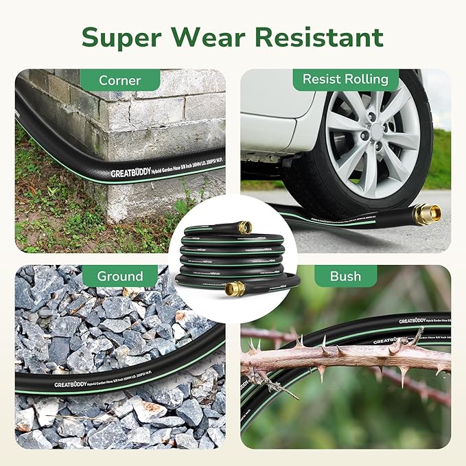 GreatBuddy Garden Hose 50ft, 5/8" Water Hose Heavy Duty, Flexible, Lightweight Hybrid Hose, Burst 600 PSI with Solid Brass Male to Female Fittings Leakproof Hose for Backyard, Garden