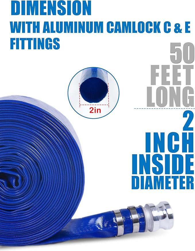 ZYfire Backwash Hose - 2" x 50 FT PVC Lay Flat Discharge Hose with Aluminum Camlock C & E Fittings Heavy Duty Reinforced Pump Discharge Hose Weather and Burst Resistant for Pool Drain, Sump Pump