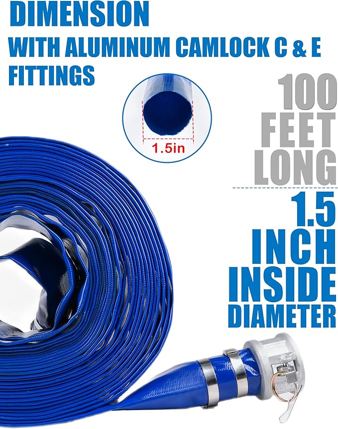 ZYfire Backwash Hose - 1-1/2" x 100 FT PVC Lay Flat Discharge Hose with Aluminum Camlock C & E Fittings Heavy Duty Reinforced Pump Discharge Hose Weather and Burst Resistant for Pool Drain, Sump Pump