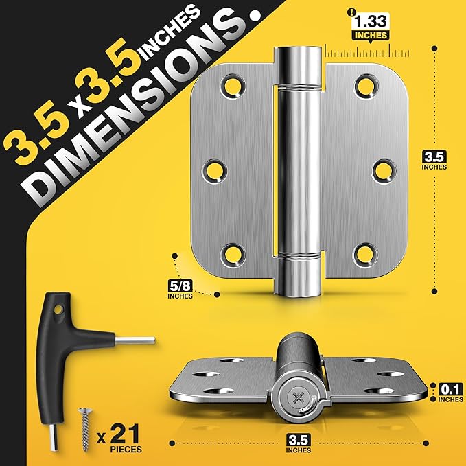 KOLET Self Closing Door Hinges, 3.5 x 3.5 Inches Door Hinges with Auto Close, 5/8" Radius Corners Spring Hinges, Heavy Duty Stainless Steel, No Pin Installation, Brushed Nickel, 3 Pack