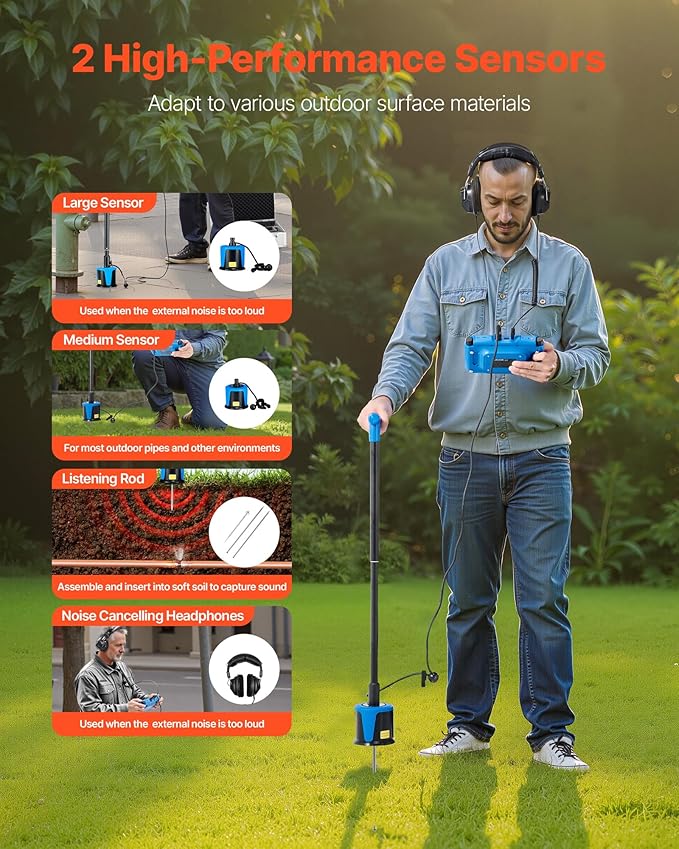 VEVOR Pipe Water Leak Detector for Outdoors, 1Hz-10000Hz, 7" Touchscreen Leakage Detection Locator for 16.4FT (5m) Underground Plumbing - with Medium & Large Sensor, 3 Listening Rods, Headphone & Case