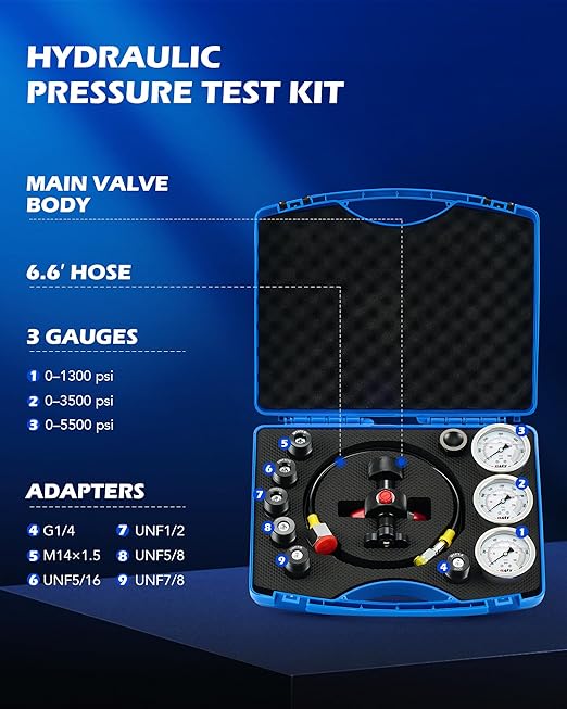 Orion Motor Tech Hydraulic Nitrogen Accumulator Charging Kit, Nitrogen Fill Kit with 3 Gauges 1300 3500 5500 psi, 6 Adapters, Gas Hose & Main Valve Body, hydraulic pressure test kit, Gas Charging Tool